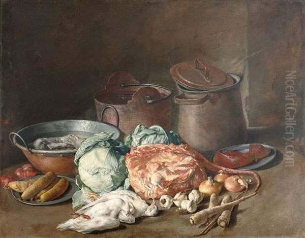  Nature Morte Aux Pieces De Dinanderie Et Aux Victuailles  Oil Painting by Michel-Honore Bounieu