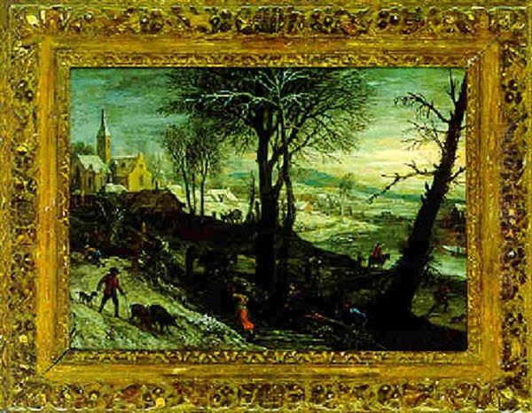 Dorf An Einem Flus Im Winter Mit Bauern Und Einem Reiter Oil Painting by Pieter Dircksz van Santvoort