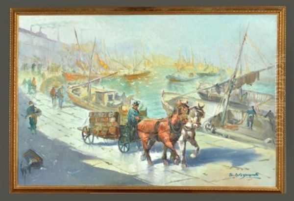 Harbor Scene With Carraige Oil Painting by Jose Sanz Arizmendi