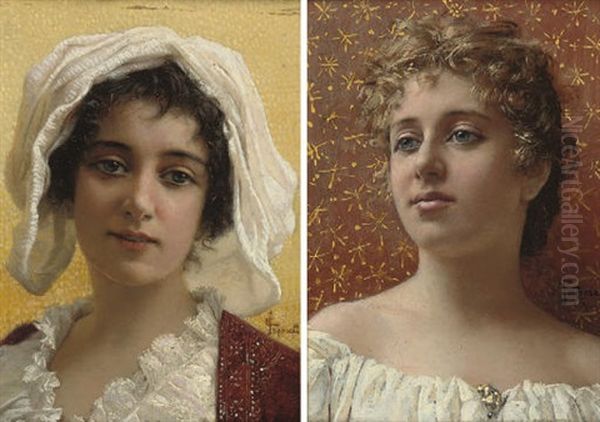 Girl With The Gold Broach (+ Girl In A White Bonnet; Pair) Oil Painting by Edgardo Saporetti