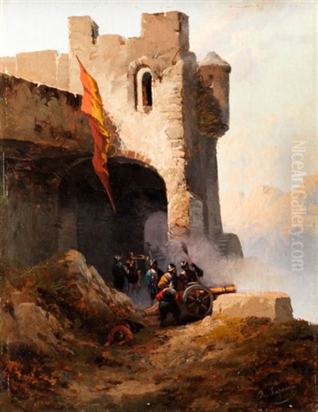 Kanoniere An Einem Festungsturm In Italienischer Berglandschaft Oil Painting by Rinaldo Saporiti