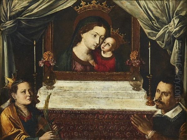 A Male Donor Accompanied By Saint Catherine Praying By An Altar With The Virgin And Child Oil Painting by Carlo Saraceni