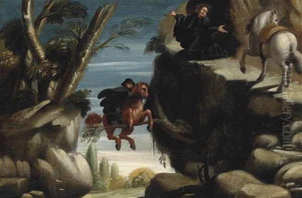 Saint Nicholas Interceding And Saving A Rider And His Horse From Falling Into A Precipice Oil Painting by Carlo Saraceni