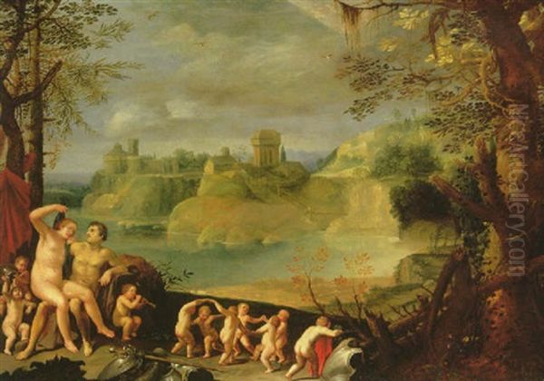 Mars, Venus And Putti In A River Landscape Oil Painting by Carlo Saraceni