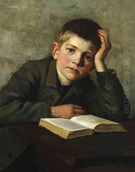 Boy Sitting By A Table With A Book Oil Painting by Laura Oline Adolphine Sarauw