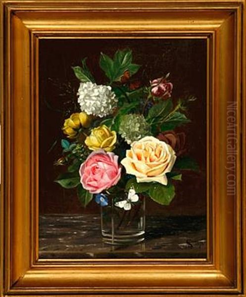 Still Life With Roses And Lilacs In A Vase On A Table Oil Painting by Laura Oline Adolphine Sarauw