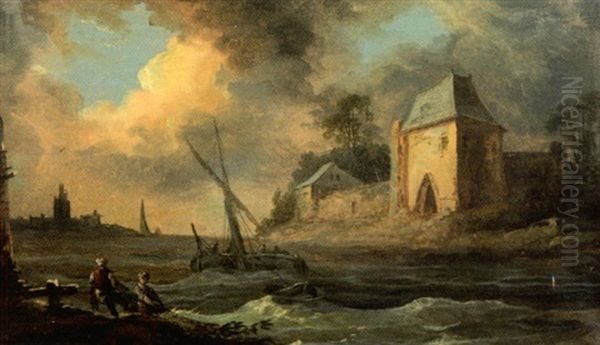 Pecheurs Relevant Leurs Filets (+ Barque Sur Une Riviere; Pair) Oil Painting by Jean Philippe Sarazin