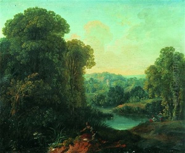 Pecheurs Dans Un Paysage De Riviere Oil Painting by Jean Philippe Sarazin