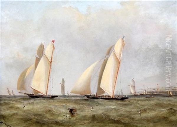 Racing Yachts Racing With Paddlesteamers And Pavilion In The Distance (pair) Oil Painting by Henry Sargent