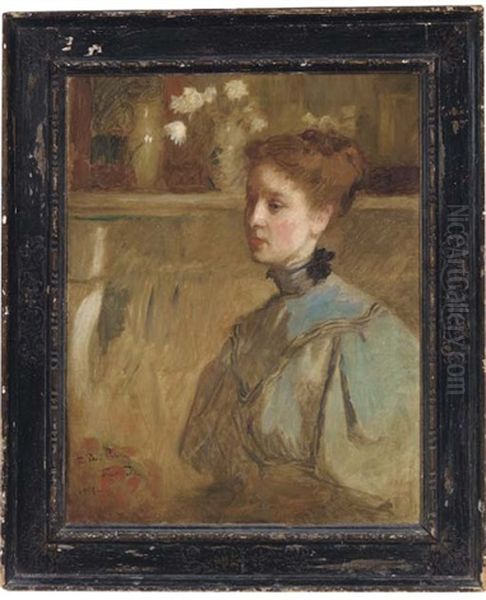 Portrait Of A Young Lady, Quarter-length, In A Blue Dress, In An Interior With Flowers Beyond Oil Painting by John Singer Sargent