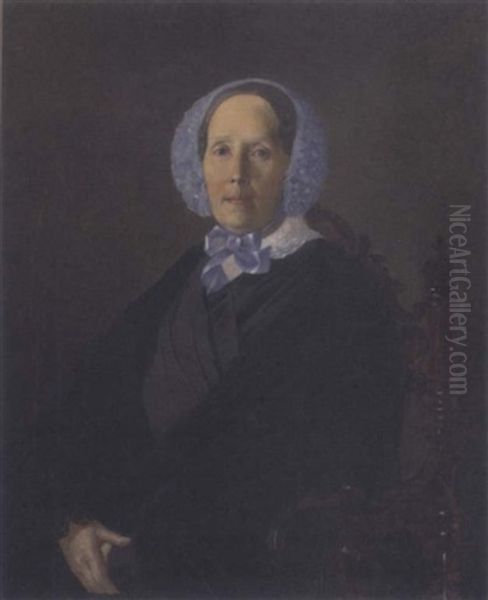 Portait Of A Lady, Seated, In A Blue Bonnet And Black Cloak Oil Painting by Sergej Konstantinowitsch Sarjanko