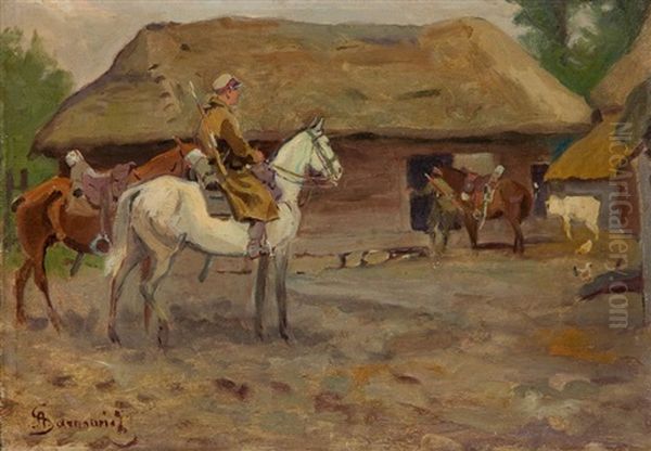 Uhlans At The Front Of Hut Oil Painting by Aleksander Sarnowicz