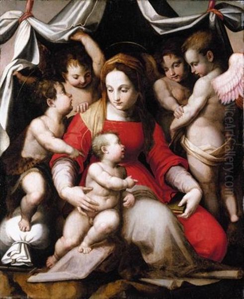 Madonna Of Humility With The Infant St. John The Baptist And Three Angels (the Corsini Madonna) Oil Painting by Andrea Del Sarto