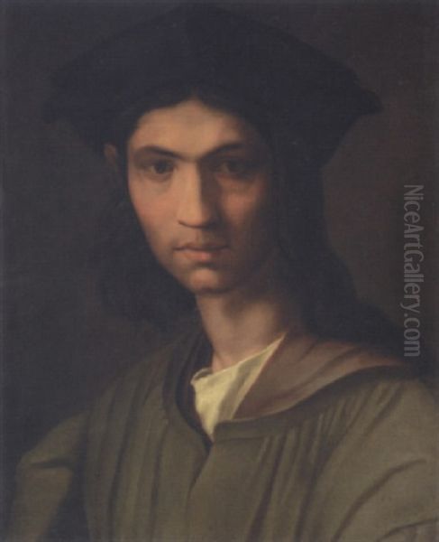 Portrait Of A Man Wearing A Green Jacket And A Black Hat (baccio Bandinelli?) Oil Painting by Andrea Del Sarto