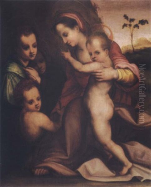 Madonna And Child With The Infant Saint John And Two Angels Oil Painting by Andrea Del Sarto