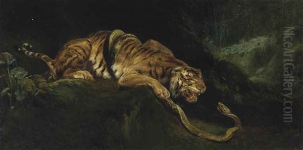 A Tiger Struggling With A Snake Oil Painting by Giulio Aristide Sartorio