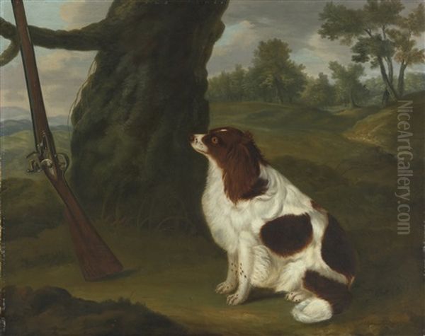 A Spaniel And A Flintlock Shotgun In A Landscape by Francis Sartorius the Elder