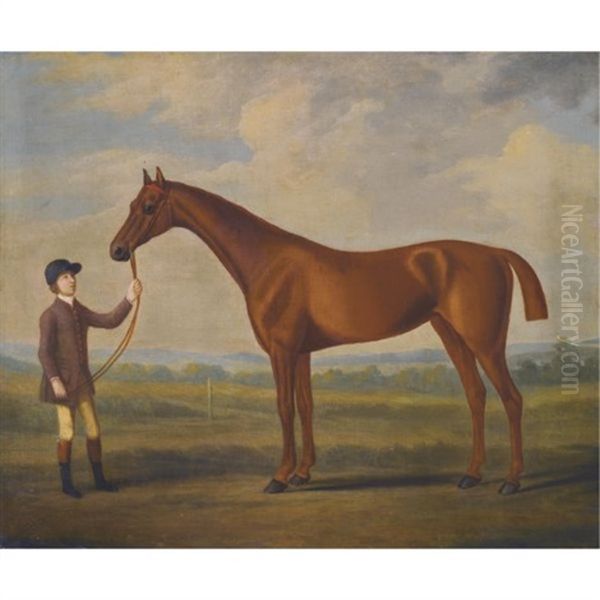 A Chestnut Racehorse Held By A Stable Boy In A Landscape Oil Painting by Francis Sartorius the Elder