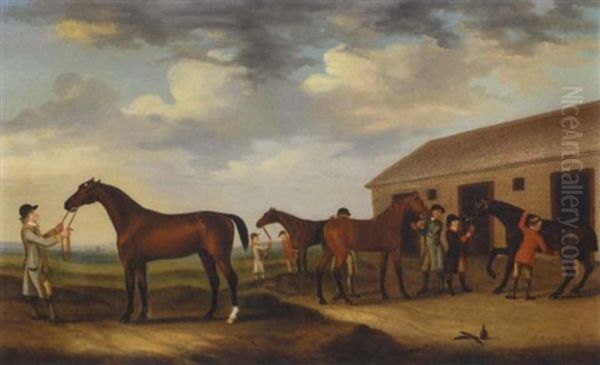 Four Racehorses Outside The Rubbing Down House, Newmarket Oil Painting by Francis Sartorius the Elder