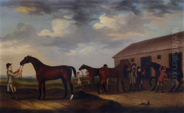 Four Racehorses Outside The Rubbing Down House, Newmarket Oil Painting by Francis Sartorius the Elder