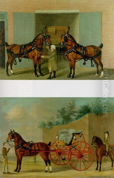 Harnessed Carriage Horses With A Groom Outside A Coachhouse Oil Painting by Francis Sartorius the Elder