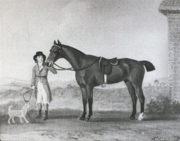 A Gentleman With A Chestnut Hunter And A Terrier, Standing  Beside A Stable, In A Landscape Oil Painting by Francis Sartorius the Elder