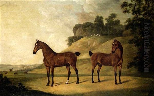 Two Bay Carriage Horses, The Property Of John Ashton Of     Woolton Hall, Liverpool, Lancashire Oil Painting by Francis Sartorius the Elder