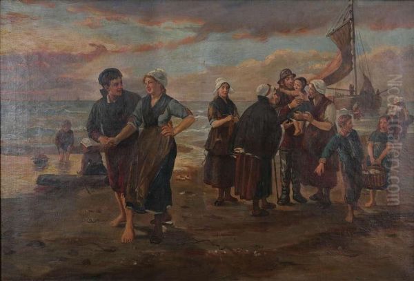 Vissers Op Het Strand Oil Painting by Henri Jacques Bource