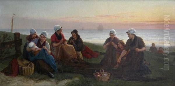 De Nettenmaaksters Op Het Strand Met Zeilschepen Op De Achtergrond Oil Painting by Henri Jacques Bource