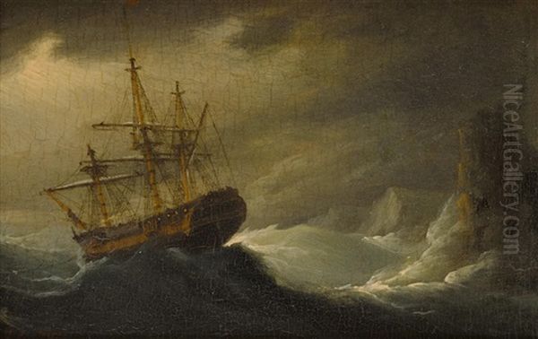 A Warship Heeling In The Breeze; And A Warship In Dangerous Waters (a Pair) Oil Painting by Francis Sartorius the Younger