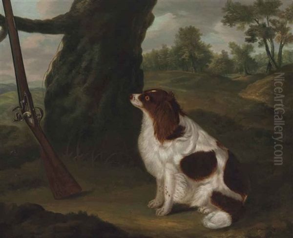 A Spaniel And A Rifle In A Landscape Oil Painting by Francis Sartorius the Younger