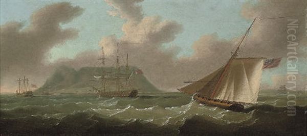 A View Of Gibraltar From The South With H.m.s. "ajax" Anchored In The Bay And The Armed Cutter "frisk" Approaching Her Stern Oil Painting by Francis Sartorius the Younger