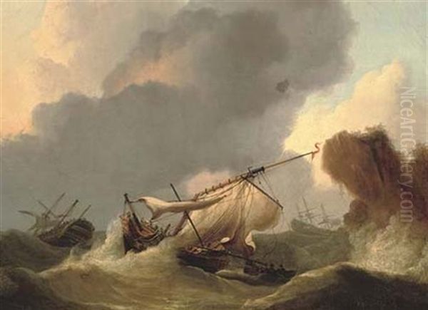 Ships In Distress Off A Rocky Headland Oil Painting by Francis Sartorius the Younger