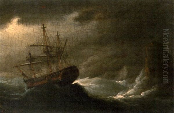 A Warship Heeling In The Breeze (+ A Warship In Dangerous Waters; 2 Works) Oil Painting by Francis Sartorius the Younger