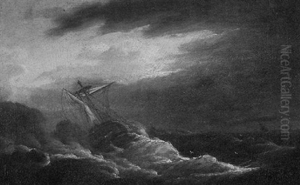 A Frigate In Distress Off A Rocky Coast by Francis Sartorius the Younger