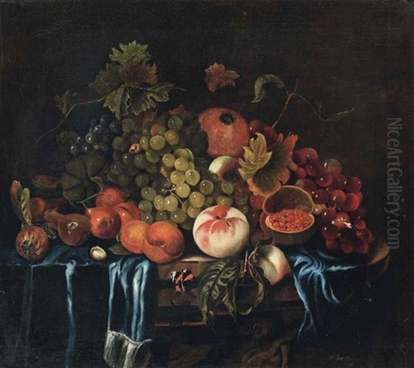 Peaches, Pears, Grapes And Pomegranates On A Draped Ledge With A Butterfly Oil Painting by George William Sartorius