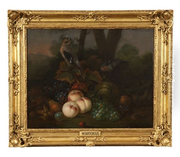 A Still Life Of Fruit In A Landscape, With A Jay And A Bullfinch Oil Painting by George William Sartorius