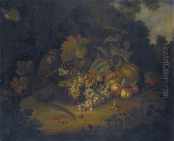 Still Life Of Fruit With A Monkey Oil Painting by George William Sartorius