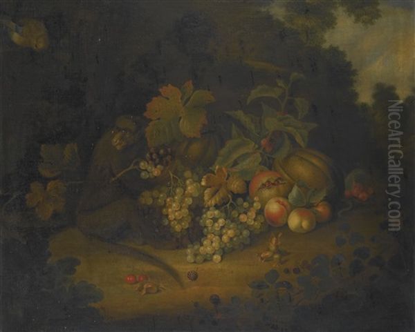 Still Life Of Fruit With A Monkey Oil Painting by George William Sartorius