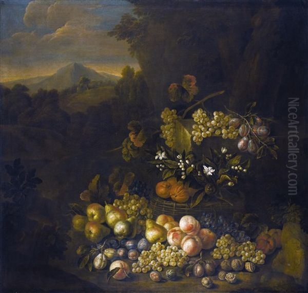 Still Life Of Flowers And Fruit, In A Basket, A Landscape Beyond Oil Painting by George William Sartorius