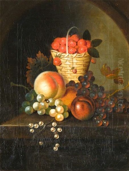 Still Life Of Strawberries In A Basket And Fruit On A Ledge Oil Painting by George William Sartorius