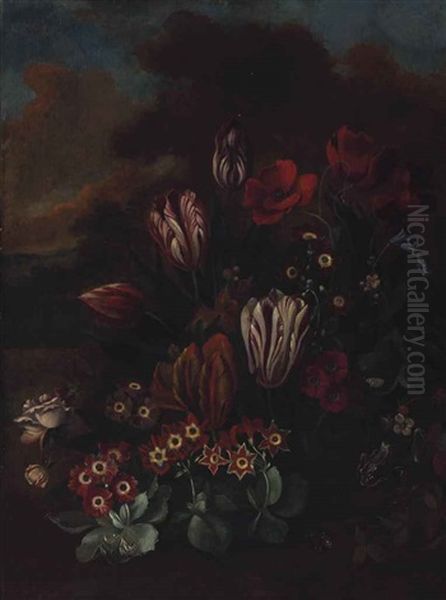 Sill Life With Tulips, And Other Flowers With A Frog And A Forest Floor Oil Painting by George William Sartorius