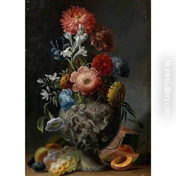 Bouquet De Fleurs Dans Un Vase Sculpte De Putti Oil Painting by Johann (or Jakob) Christopher Sartorius