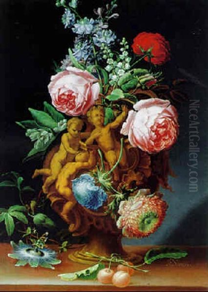 Blumenstraus Von Rosen Und Anderen Bluten In Einer Skulptierten Prunkvase Oil Painting by Johann (or Jakob) Christopher Sartorius