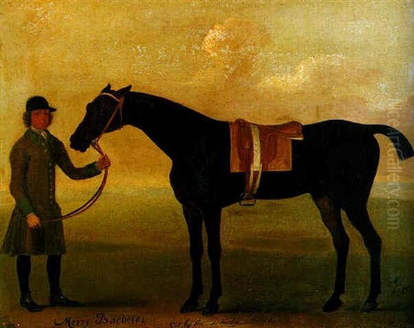 The Bay Racehorse Merry Bachelor Standing With A Groom Oil Painting by John Sartorius