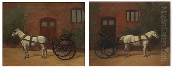 Single White Horse Hitched To A Jaunting Cart Before A Red Brick Building (2 Works) Oil Painting by John Francis Sartorius