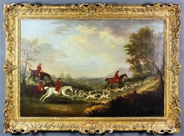 Rural Landscape With Four Huntsman On Horseback And Pack Of Hounds On Track Oil Painting by John Francis Sartorius