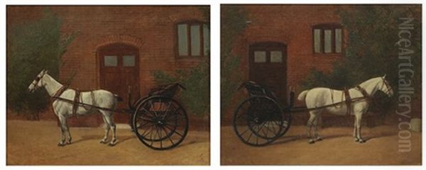 Two Works: Both Of A Single White Horse Hitched To A Jaunting Cart Before A Red Brick Building, Left And Right Facing Oil Painting by John Francis Sartorius