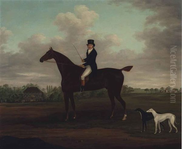 Portrait Of A Gentleman On A Bay Hunter With His Greyhounds And A Country House Beyond Oil Painting by John Francis Sartorius