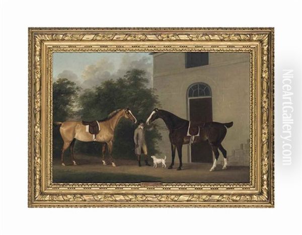 A Gentleman With Two Hunters And A Terrier, Outside A House Oil Painting by John Nost Sartorius